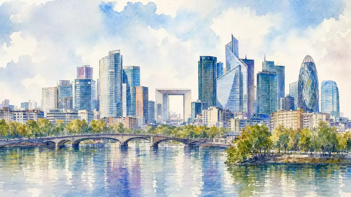 Aquarellmalerei der La Défense Skyline in Paris mit modernen Glastürmen