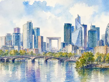 Compagnie de Saint-Gobain S.A. (FR0000125007) hat ihren Sitz nahe Paris, hier als Aquarell der Skyline - Foto: THN