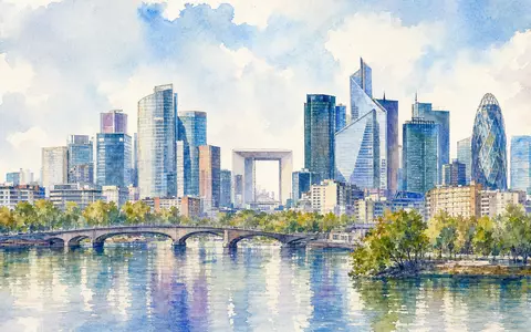 Compagnie de Saint-Gobain S.A. (FR0000125007) hat ihren Sitz nahe Paris, hier als Aquarell der Skyline - Foto: THN