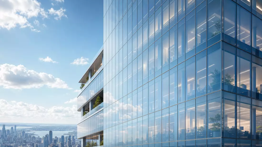 Architekturvisualisierung einer modernen Glasfassade an einem Hochhaus mit Himmel
