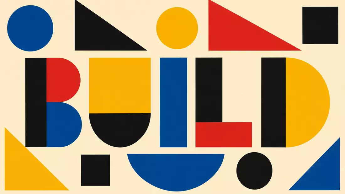 Geometrisches Bauhaus-Poster mit bunten Formen und großem Schriftzug BUILD