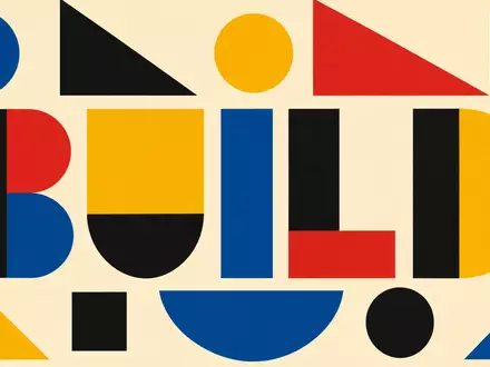 Compagnie de Saint-Gobain S.A. (FR0000125007) steht für Bauwesen, dargestellt im geometrischen Bauhaus-Poster mit BUILD-Schriftzug - Foto: THN