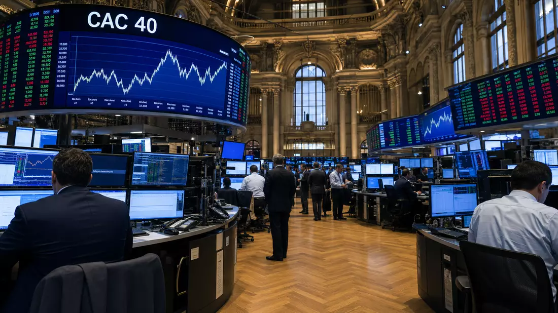 Trading-Floor mit Bildschirmen, CAC-40-Kurstafel und Händlern im historischen Saal