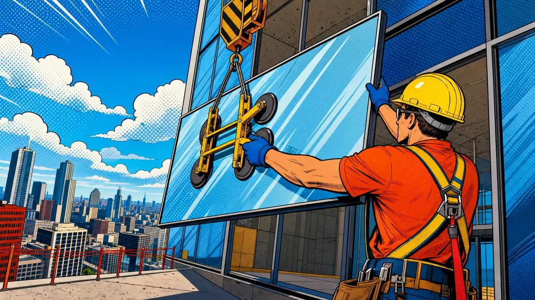 Pop-Art-Comic zeigt Bauarbeiter bei Montage einer Glasscheibe an Hochhausfassade