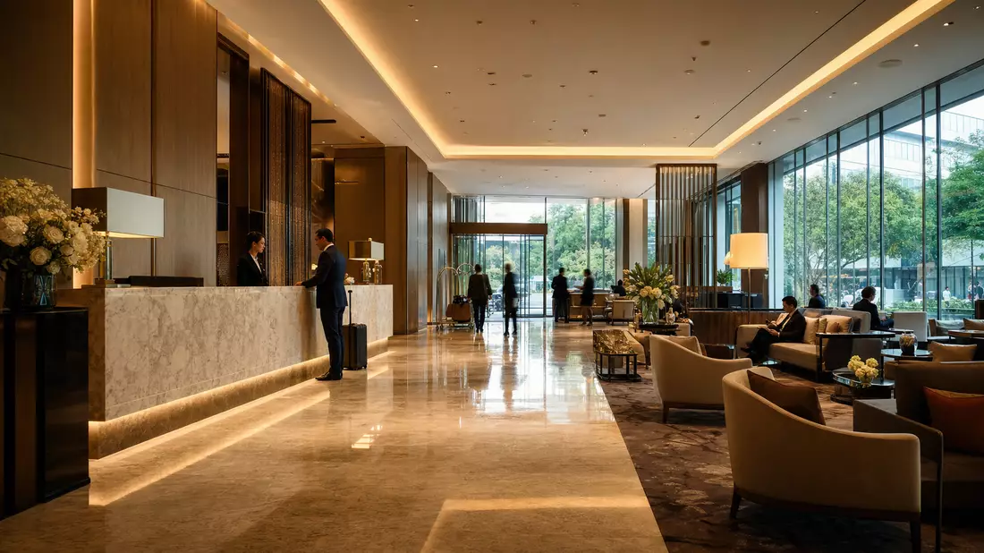 Fotorealistische elegante Business-Hotel-Lobby mit Marmorempfang und warmem Licht