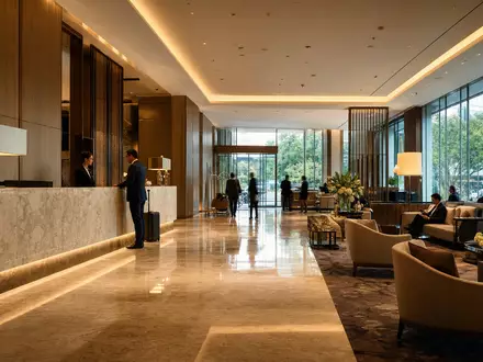 Elegante Hotel-Lobby symbolisiert Accor S.A., den französischen Hotelkonzern mit ISIN FR0000120404, fotorealistisch dargestellt - Foto: THN