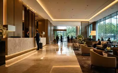 Elegante Hotel-Lobby symbolisiert Accor S.A., den französischen Hotelkonzern mit ISIN FR0000120404, fotorealistisch dargestellt - Foto: THN
