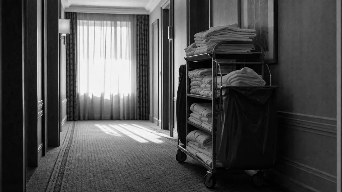 Schwarzweiße dokumentarische Aufnahme eines Hotelflurs mit Wäschewagen und Licht