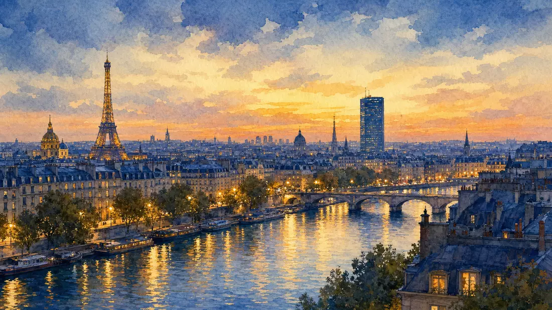 Aquarellbild der Pariser Skyline in Abenddämmerung mit Seine und Eiffelturm