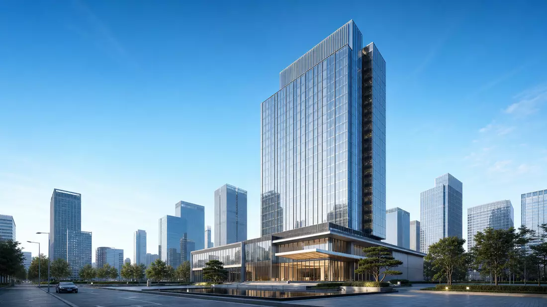 Architektonisches 3D-Rendering eines modernen Glas-Hochhauses in Business-Distrikt