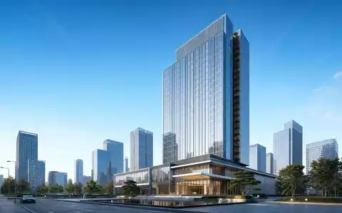 Modernes Architektur-Rendering eines Hochhauses visualisiert die Expansion von Accor S.A., ISIN FR0000120404, im globalen Hotelgeschäft - Foto: THN