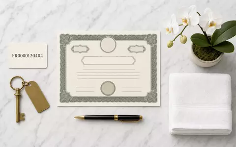 Flatlay-Arrangement mit Aktienzertifikat und ISIN-Karte repräsentiert die Aktie von Accor S.A., Kennung FR0000120404, stilvoll inszeniert - Foto: THN