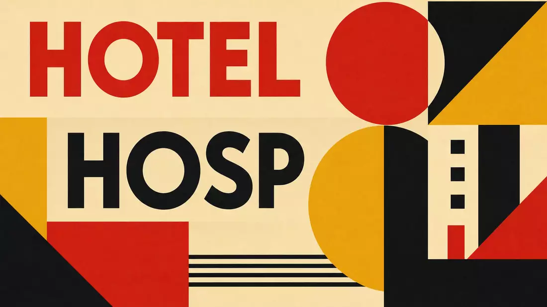 Bauhaus-Poster mit geometrischen Formen und Schriftzügen HOTEL und HOSP