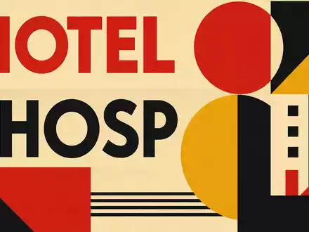 Geometrisches Bauhaus-Poster mit Sektor-Schriftzug HOTEL und HOSP symbolisiert die Branche von Accor S.A., ISIN FR0000120404 - Foto: THN