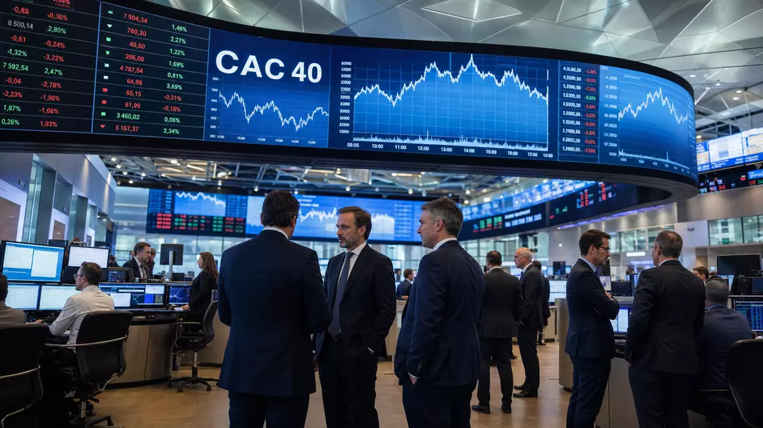 Editorial-Aufnahme eines Trading-Floors mit CAC-40-Charts und Börsenprofis