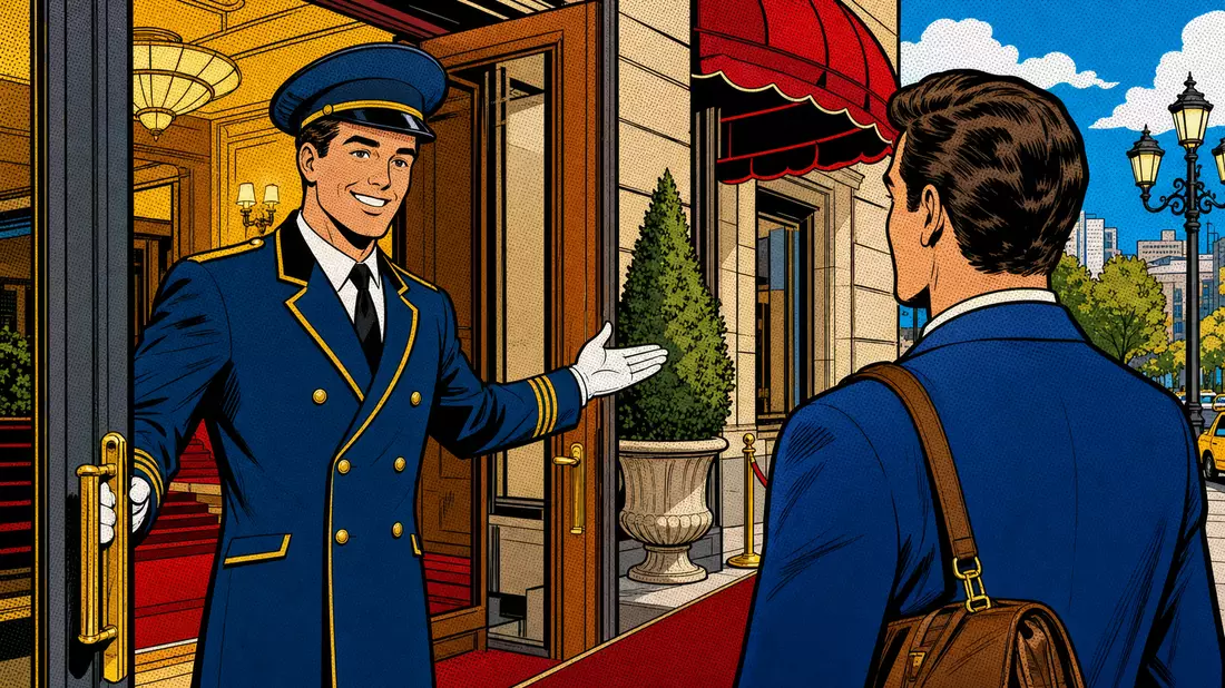Pop-Art-Comic zeigt lächelnden Hotelpagen, der Gast an Eingang begrüßt