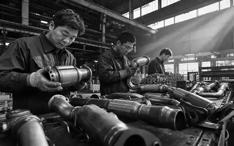 Schwarzweiß-Reportagefoto dokumentiert Emissionskontroll-Fertigung bei Forvia SE, ISIN FR0000121147, mit metallischen Abgaskomponenten in der Fabrikhalle - Foto: THN