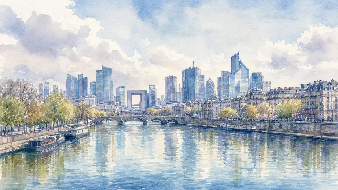 Aquarellbild der Pariser Skyline mit Wolkenkratzern und Seine-Ufer bei sanftem Licht