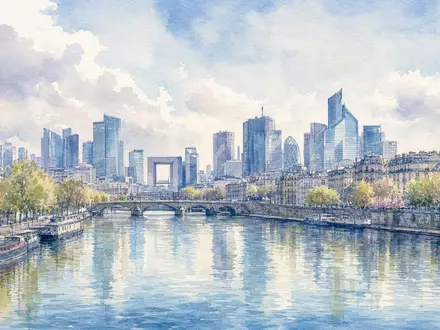 Aquarellmalerei zeigt Pariser Geschäftsviertel-Skyline nahe Nanterre, Standort von Forvia SE, ISIN FR0000121147, an der Seine - Foto: THN