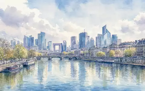 Aquarellmalerei zeigt Pariser Geschäftsviertel-Skyline nahe Nanterre, Standort von Forvia SE, ISIN FR0000121147, an der Seine - Foto: THN