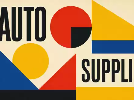 Bauhaus-Poster mit geometrischen Formen und Sektortext AUTO SUPPLIER symbolisiert Branche von Forvia SE, ISIN FR0000121147 - Foto: THN