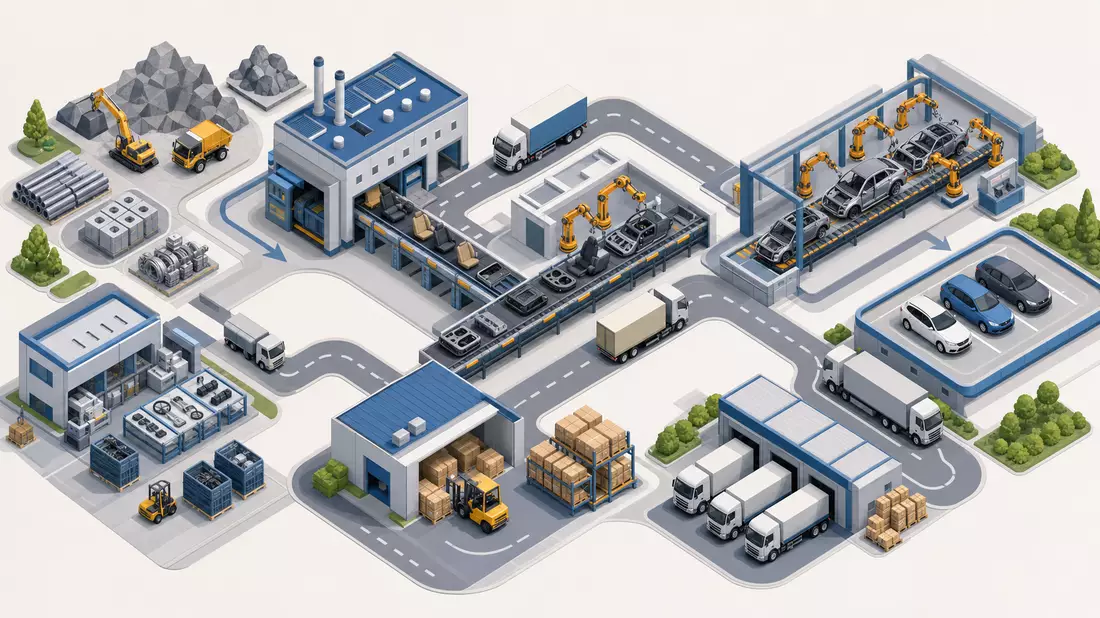 Isometrische 3D-Illustration einer Fabrikkette mit Robotern, Lastwagen und Lagerhallen