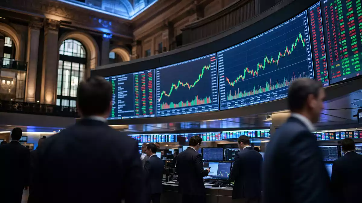 Trading-Floor mit großen Bildschirmen, Kurscharts in Grün und Rot, Händler im Anzug