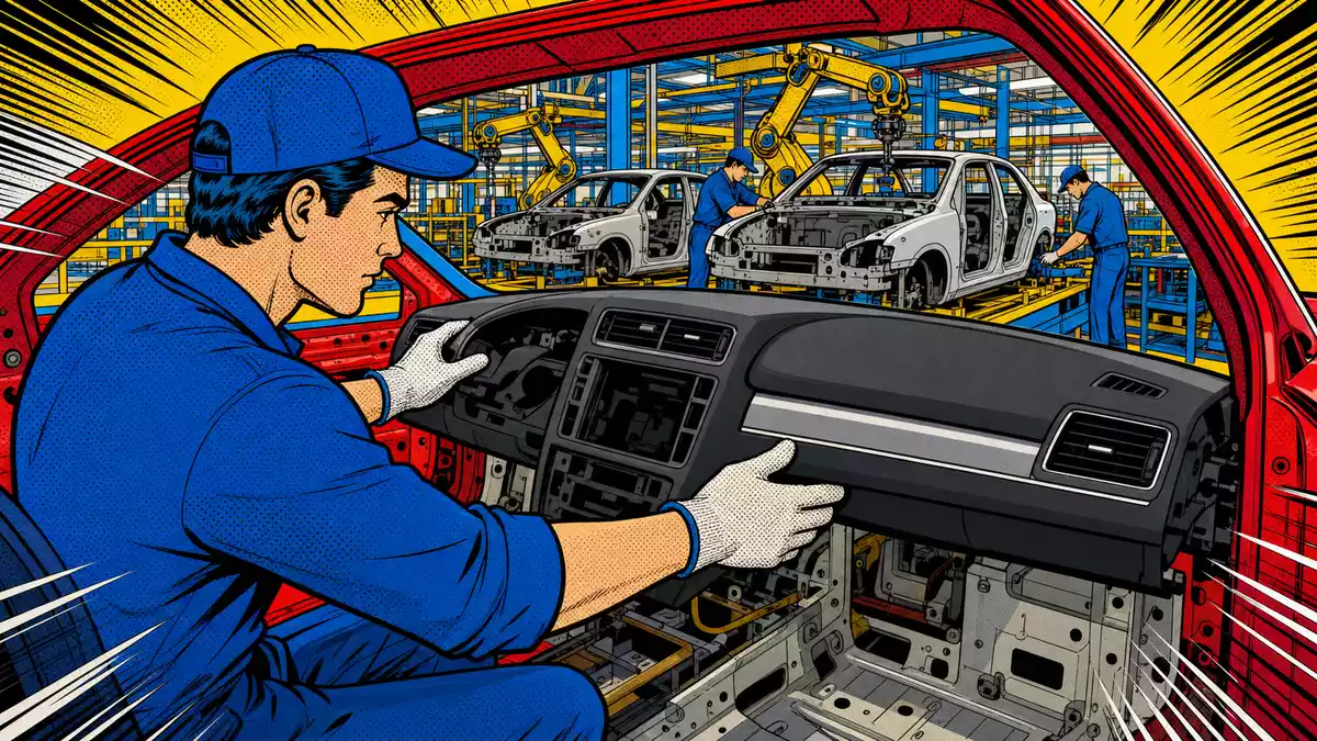 Bunte Comic-Illustration eines Arbeiters bei der Montage eines Armaturenbretts in Fabrikhalle