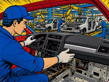Pop-Art-Comic zeigt farbenfrohe Montageszene eines Autointerieurs, thematisch verbunden mit Forvia SE, ISIN FR0000121147 - Foto: THN