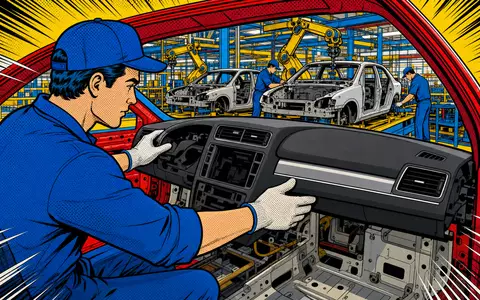 Pop-Art-Comic zeigt farbenfrohe Montageszene eines Autointerieurs, thematisch verbunden mit Forvia SE, ISIN FR0000121147 - Foto: THN