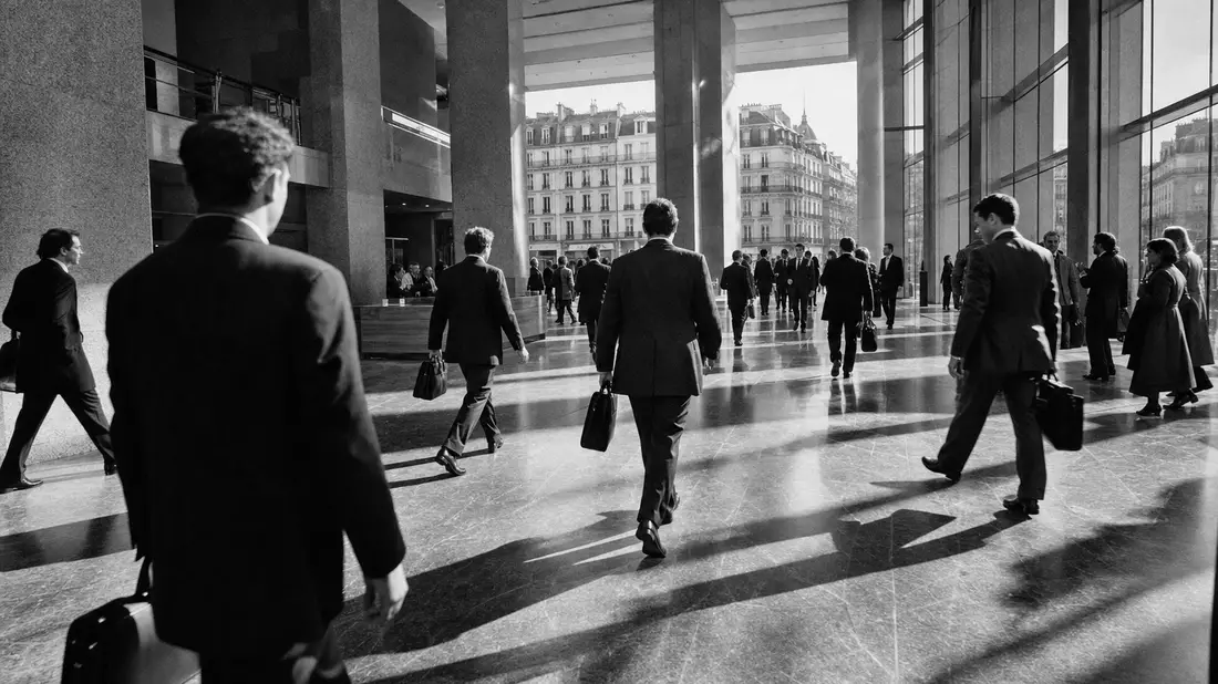 Schwarzweißes Reportagefoto von Geschäftsleuten in einer Pariser Bürolobby mit Gegenlicht