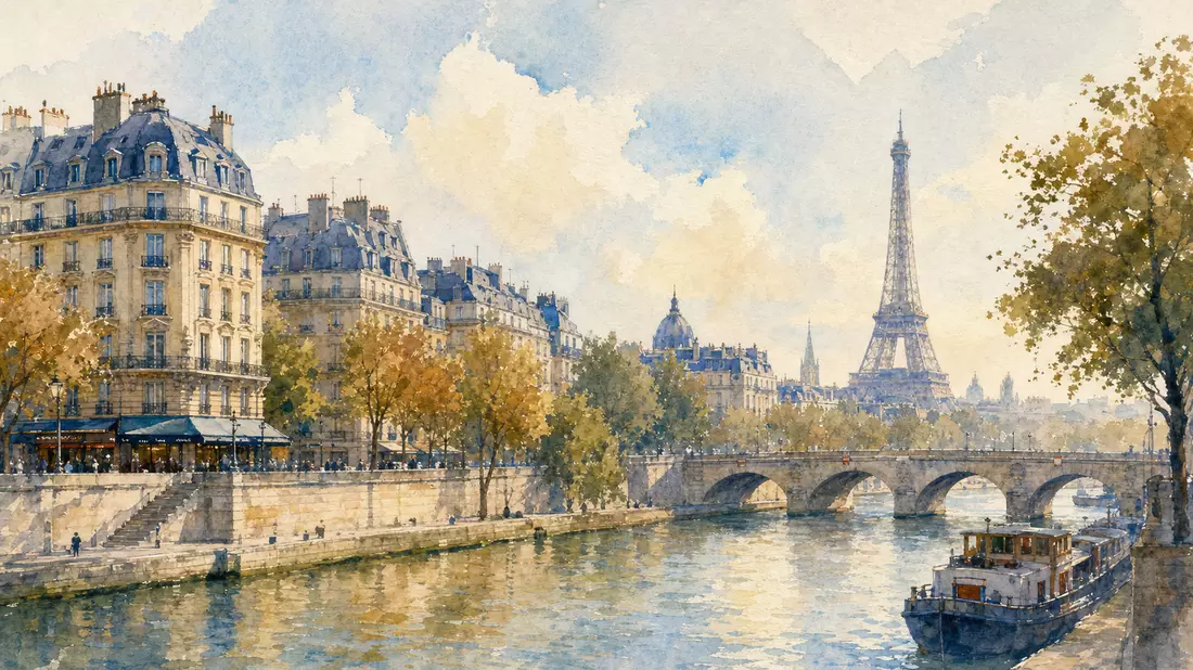 Aquarellgemälde der Seine mit Haussmann-Gebäuden und Eiffelturm im Hintergrund
