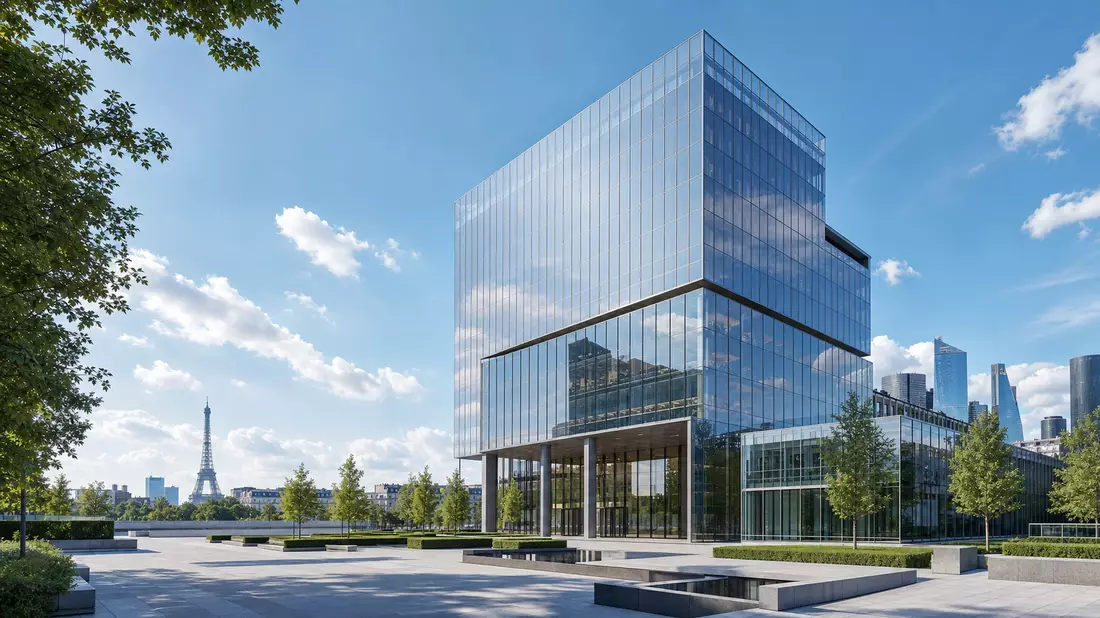 3D-Architekturvisualisierung eines gläsernen Bürohochhauses mit Pariser Skyline im Hintergrund