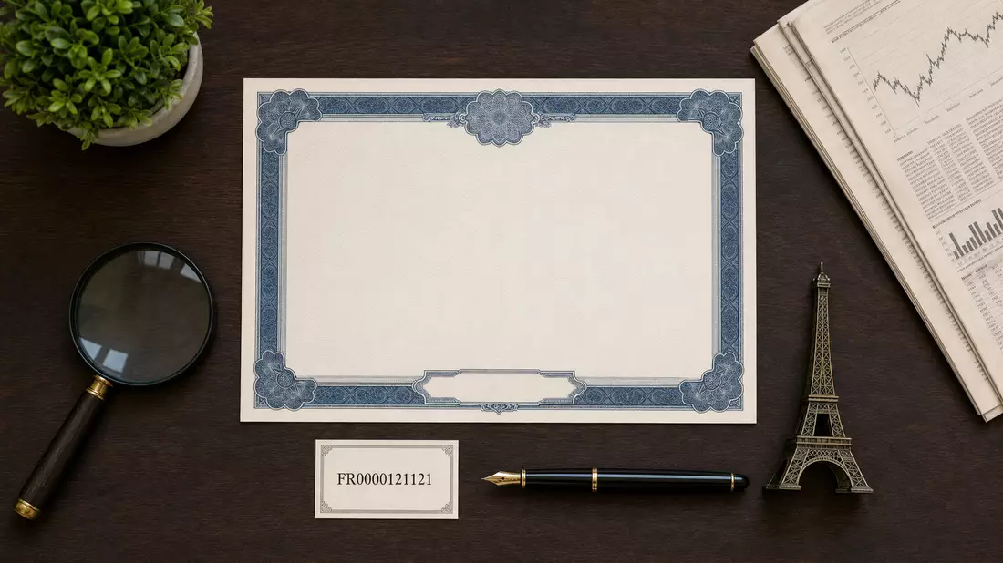 Flatlay-Anordnung mit Aktienzertifikat, ISIN-Karte, Füllfederhalter und Eiffelturm-Figur