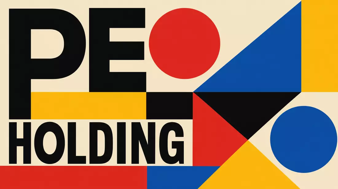 Geometrisches Bauhaus-Poster mit den Begriffen PE und HOLDING in kräftigen Farben