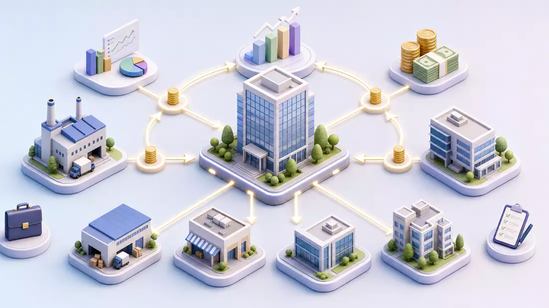 Isometrische 3D-Illustration eines Investment-Netzwerks mit verbundenen Gebäuden und Kapitalflüssen