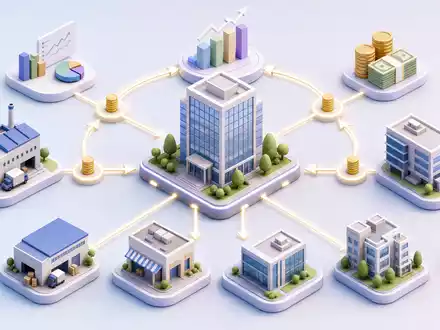 Isometrisches 3D-Diagramm zeigt KapitalflĂŒsse zwischen mehreren Portfoliounternehmen, Ă€hnlich wie bei Eurazeo SE, FR0000121121 - Foto: THN