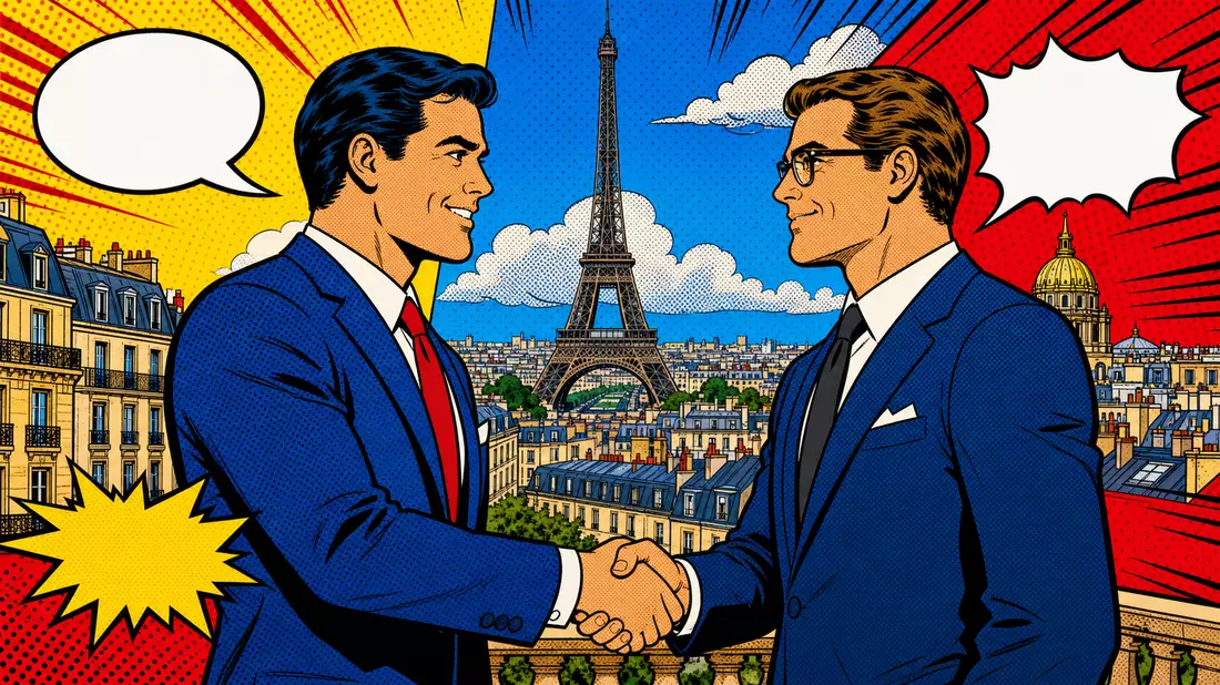 Bunte Pop-Art-Comicszene mit Geschäftsleuten beim Handschlag vor dem Eiffelturm