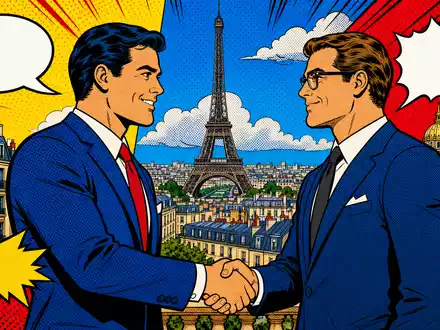 Pop-Art-Comic mit Handschlag vor Pariser Skyline visualisiert Geschäftspartnerschaften von Eurazeo SE, FR0000121121 - Foto: THN