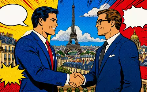 Pop-Art-Comic mit Handschlag vor Pariser Skyline visualisiert Geschäftspartnerschaften von Eurazeo SE, FR0000121121 - Foto: THN