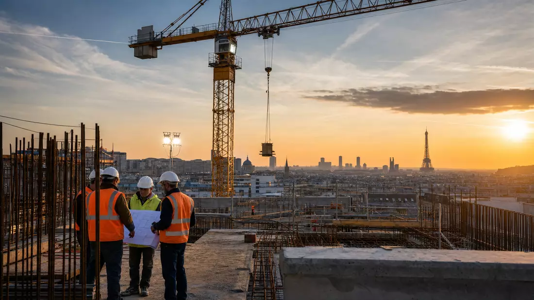 Fotorealistische Baustelle mit Turmkran und Bauleitern vor Pariser Skyline im Abendlicht