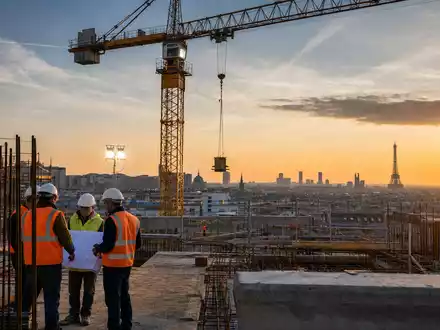 Bouygues S.A. FR0000120503 zeigt fotorealistische Baustelle mit Kran vor Pariser Skyline bei warmem Sonnenuntergang - Foto: THN