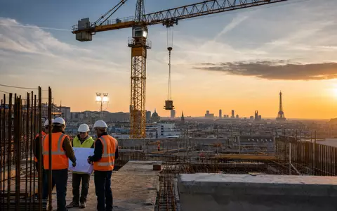 Bouygues S.A. FR0000120503 zeigt fotorealistische Baustelle mit Kran vor Pariser Skyline bei warmem Sonnenuntergang - Foto: THN