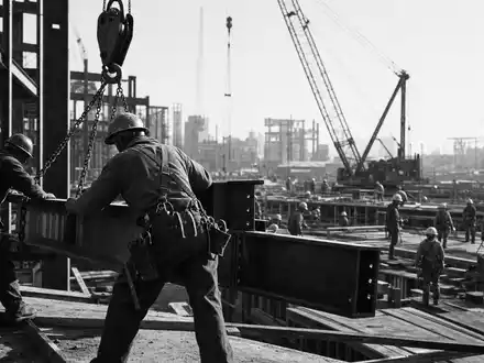 Bouygues S.A. FR0000120503 dokumentiert eindrucksvolle Schwarzweiß-Reportage von Stahlarbeitern auf einer großen Infrastruktur-Baustelle - Foto: THN