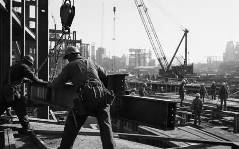 Bouygues S.A. FR0000120503 dokumentiert eindrucksvolle Schwarzweiß-Reportage von Stahlarbeitern auf einer großen Infrastruktur-Baustelle - Foto: THN