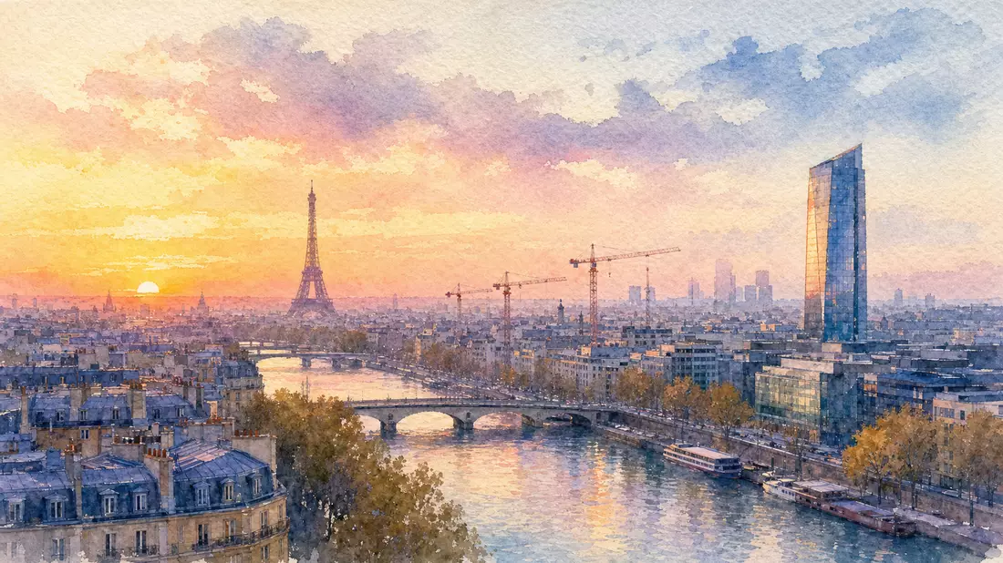 Aquarellmalerei der Pariser Skyline mit Eiffelturm, Baukränen und modernem Glasturm bei Sonnenaufgang