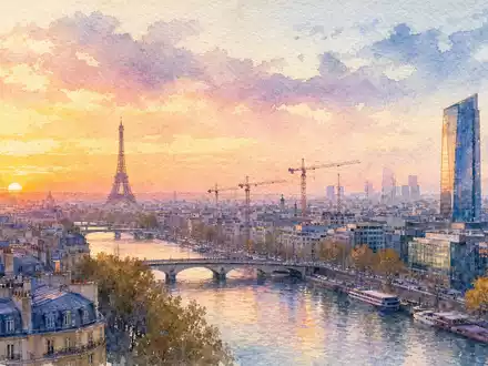 Bouygues S.A. FR0000120503 präsentiert stimmungsvolle Aquarell-Ansicht von Paris mit Baukränen und moderner Glasfassade - Foto: THN