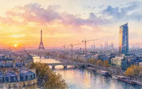 Bouygues S.A. FR0000120503 präsentiert stimmungsvolle Aquarell-Ansicht von Paris mit Baukränen und moderner Glasfassade - Foto: THN