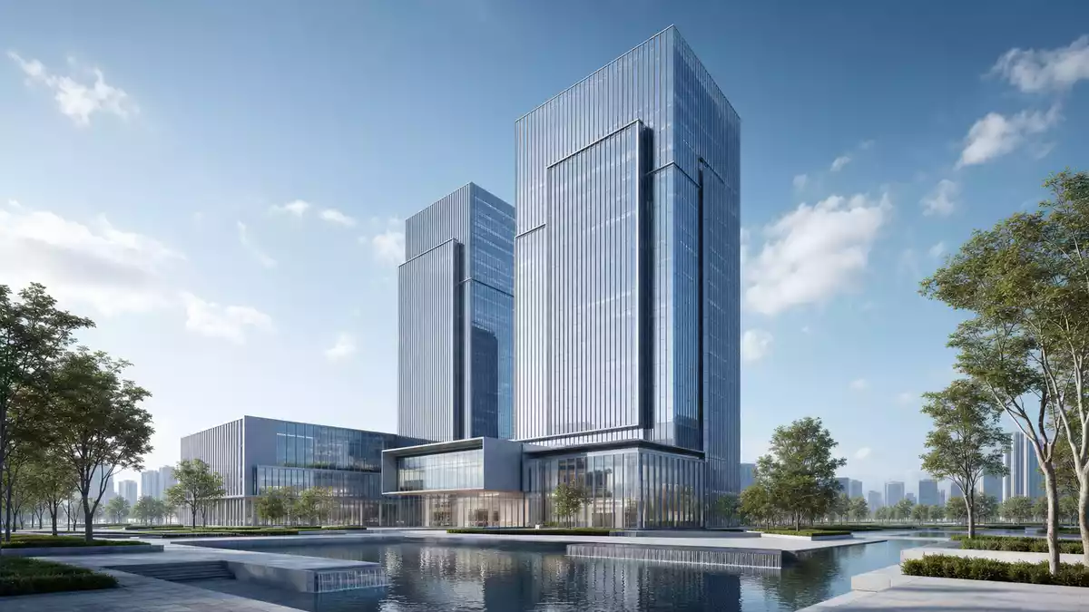 Architektur-Render eines modernen Glas- und Stahl-Firmenturms mit Wasserflächen und Grünanlagen