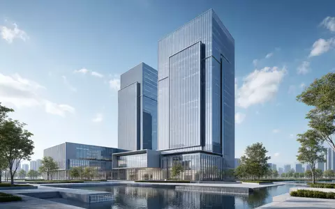 Bouygues S.A. FR0000120503 illustriert modernen Architektur-Render eines gläsernen Firmenturm-Komplexes mit Wasserflächen und Grünanlagen - Foto: THN